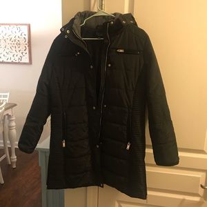 Trendy mid-length long black snow winter coat jacket